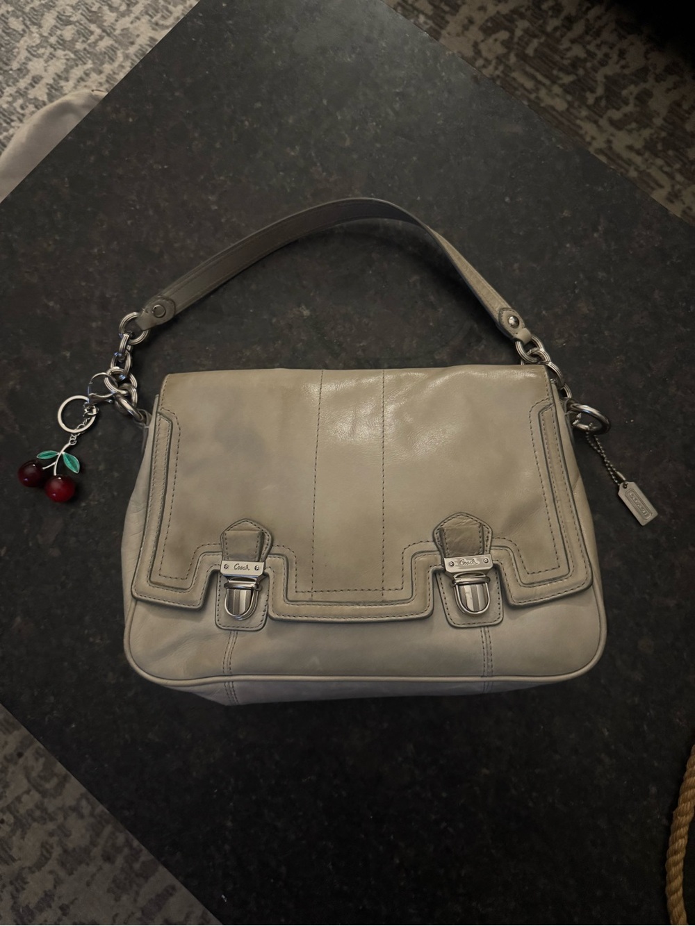 Coach Poppy Taupe Leather Push lock Flap Shoulder Bag with Silver Hardware